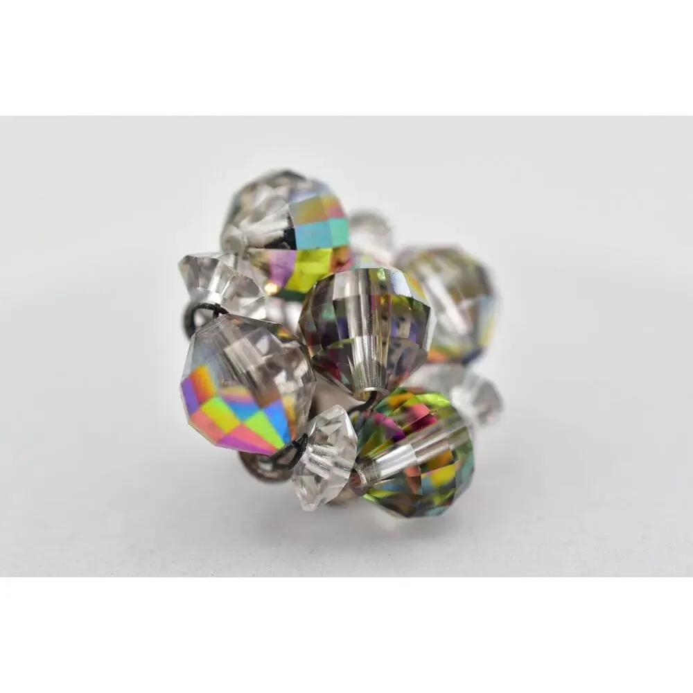 Vintage Clip On Crystal Earrings Watermelon Aurora Borealis Chrome 1950s BinBK